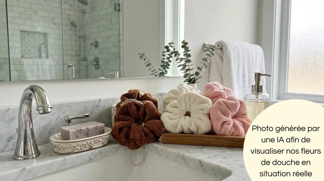Photo générée par une intelligence artificielle de nos fleurs de douche dans une salle de bain pour se rendre compte du rendu en situation réelle.
