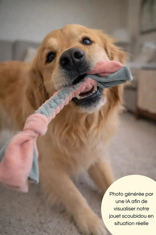 Photo générée par une IA d'un chien jouant avec notre scoubidou pour voir le jouet en situation réelle