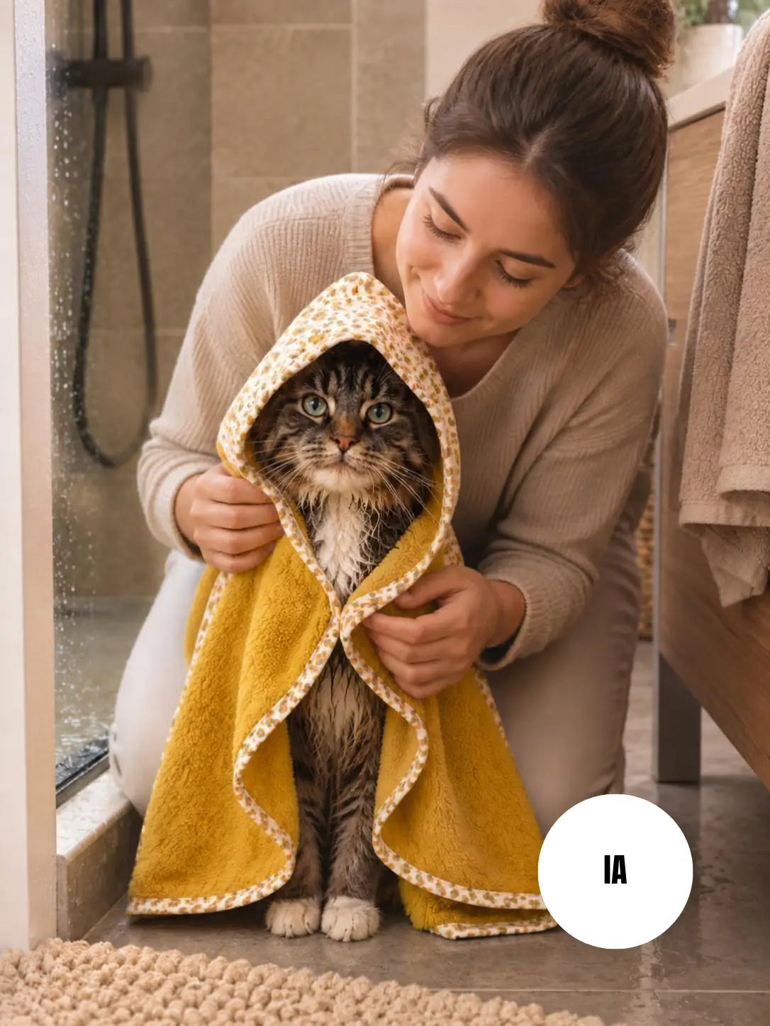 Photo générée par une IA d'un chat sortant de la douche avec l'une de nos capes de bain sur le dos
