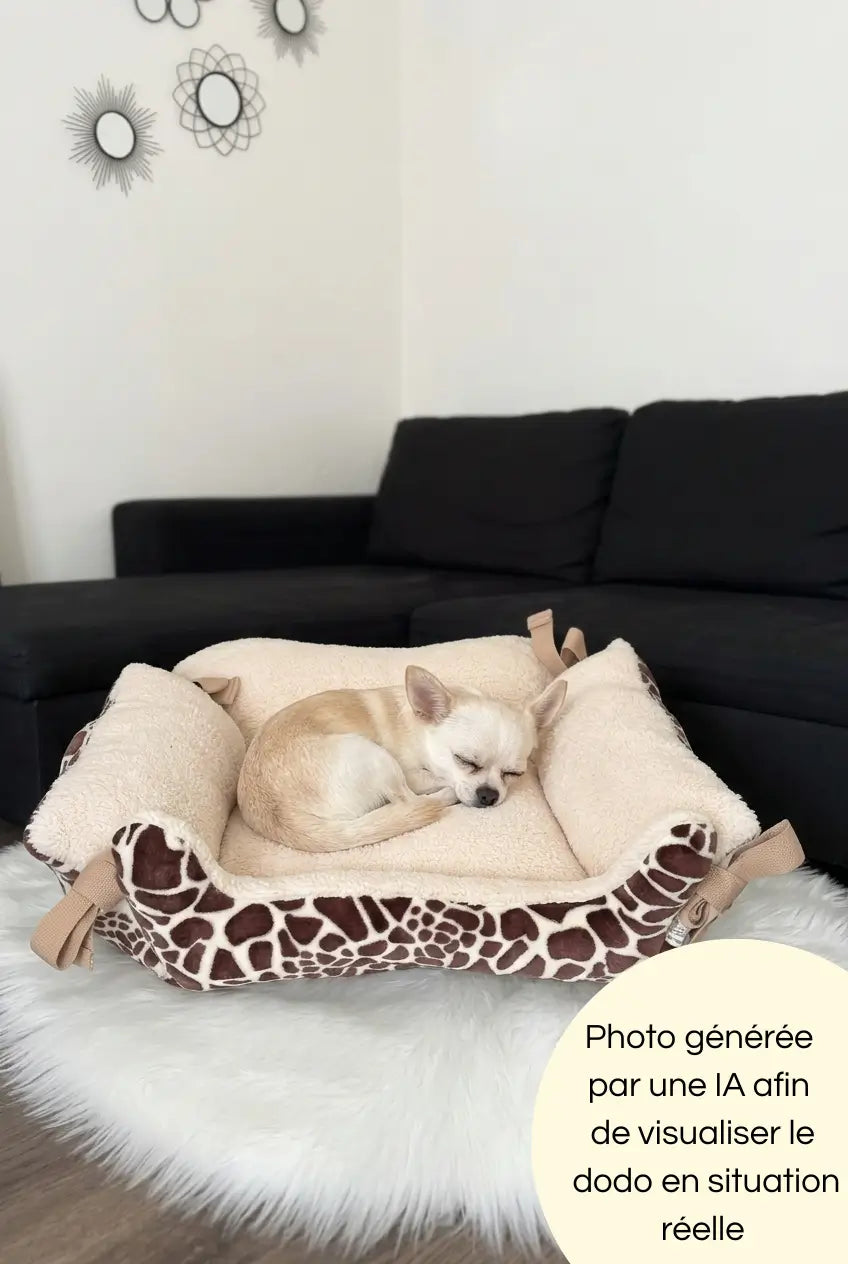 Photo générée par une intelligence artificielle avec un chien dormant dans le dodo aux motifs girafe