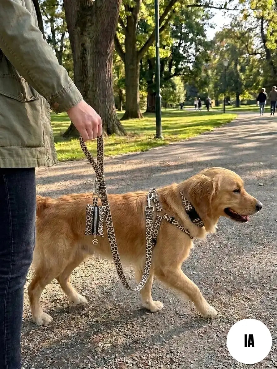 Photo générée par une IA d'un chien se promenant avec son maître avec notre laisse, notre collier et notre distributeur de sacs à crottes artisanaux aux motifs léopard beige