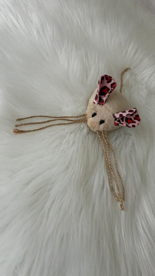 Lily la souris jouet pour chat avec ou sans herbes à chat artisanale beige avec des oreilles léopard roses et rouges