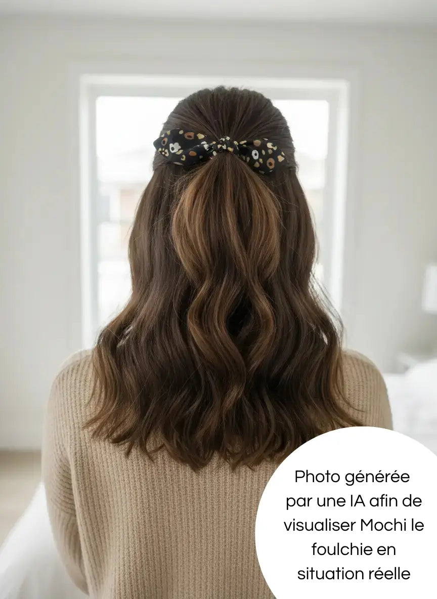 Photo générée par une intelligence artificielle afin de pouvoir ce rendre compte du rendu du foulchie dans les cheveux