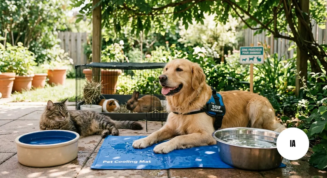 Photo générée par une IA d'un chat, d'un chien et de NACS profitant du frais avec de l'eau à disposition