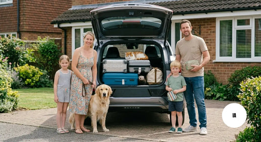 Photo générée par une IA d'une famille qui part en vacances avec ses animaux de compagnie