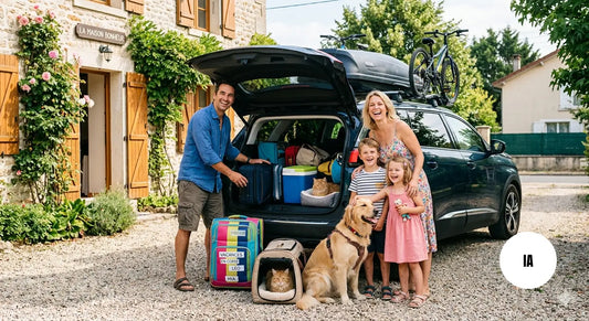 Photo générée par une IA d'une famille qui part en vacances avec son chien et ses chat