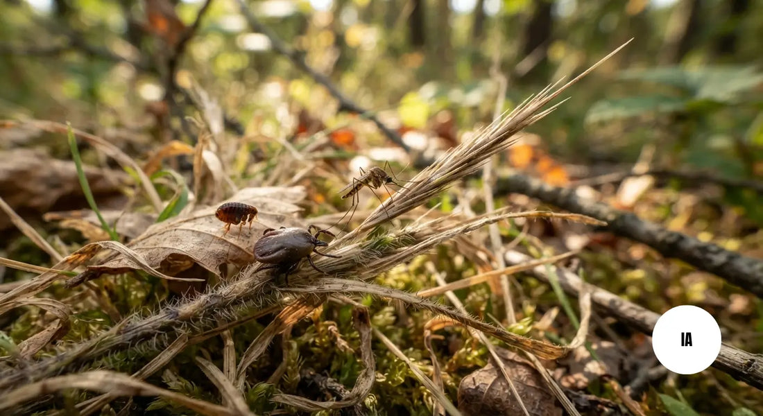 Photo générée par une IA d'une tique, d'une puce, d'un moustique et d'un épillet en pleine nature
