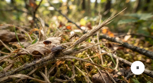 Photo générée par une IA d'une tique, d'une puce, d'un moustique et d'un épillet en pleine nature