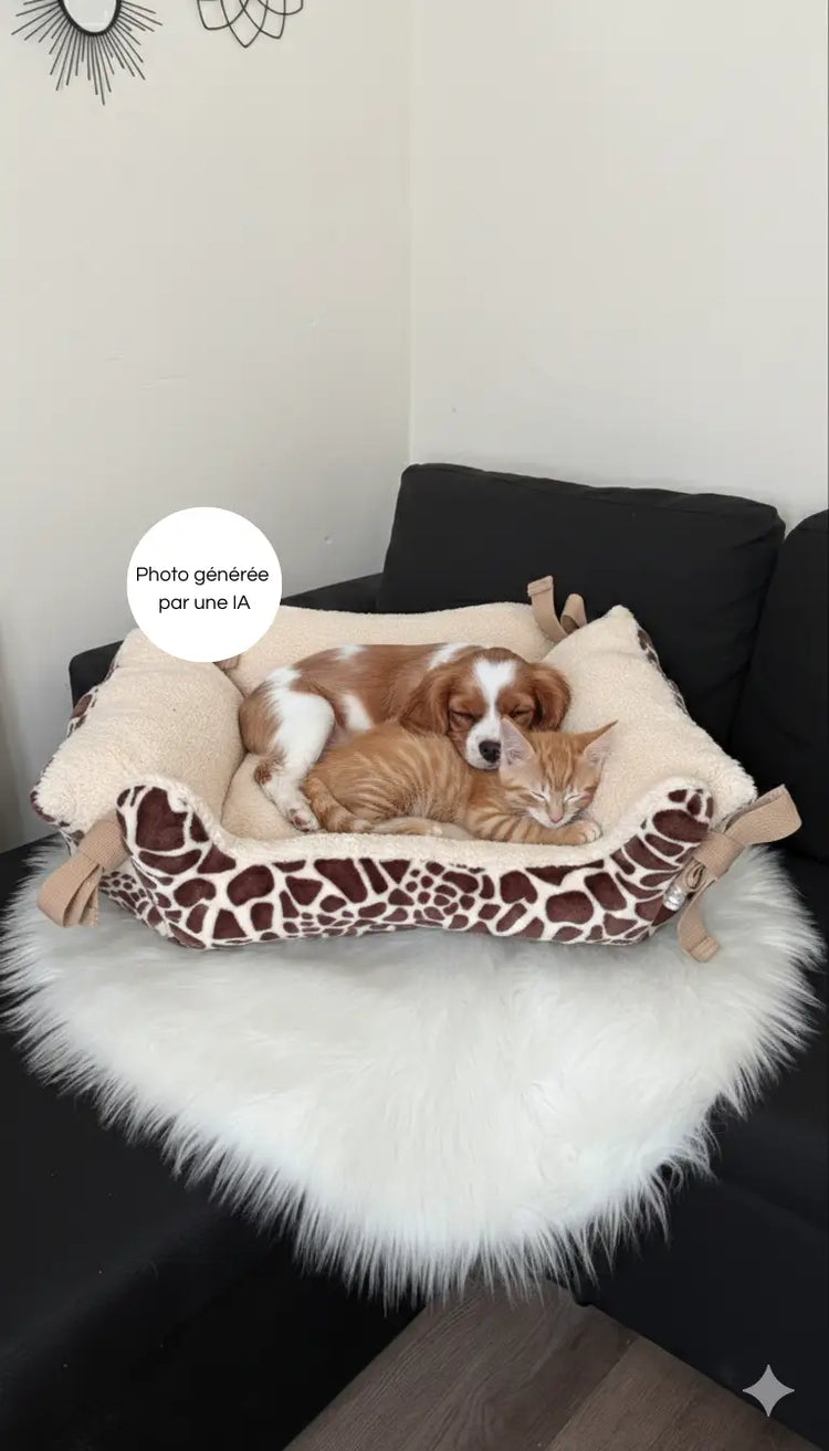 Photo générée par une intelligence artificielle d'un chat et d'un chien dormant dans notre dodo.