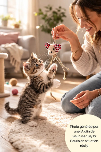 Photo générée par une intelligence artificielle montrant un chaton jouer avec sa maîtresse avec Lily la Souris