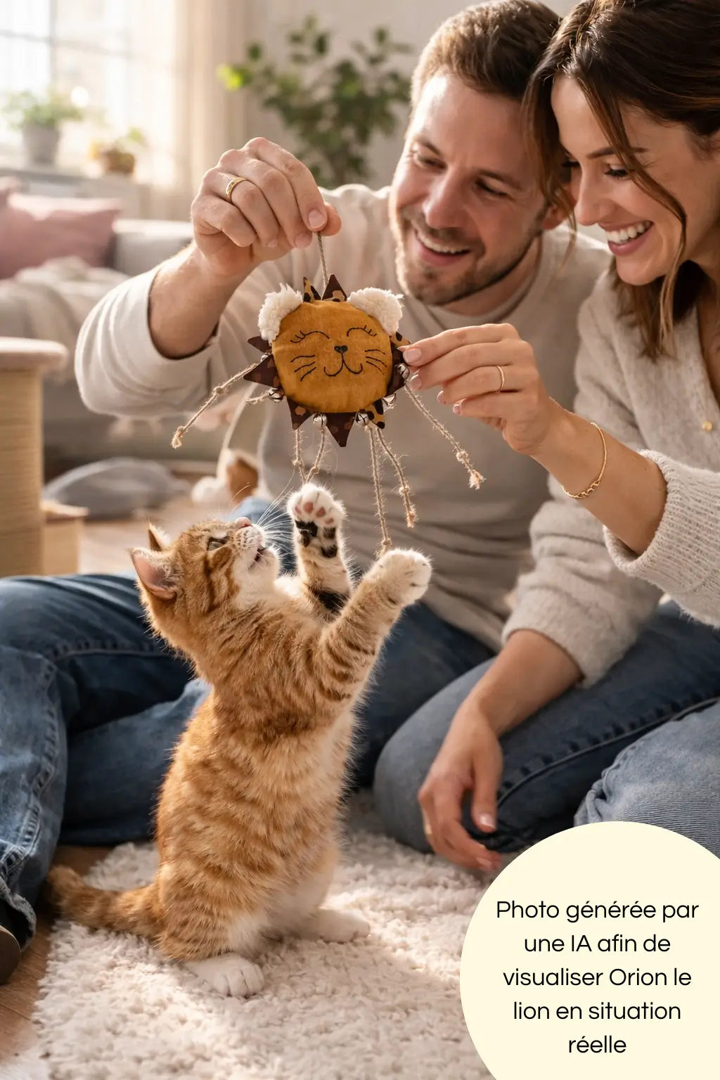 Photo générée par une intelligence artificielle d'un chaton jouant avec ses maîtres avec notre jouet Orion le lion