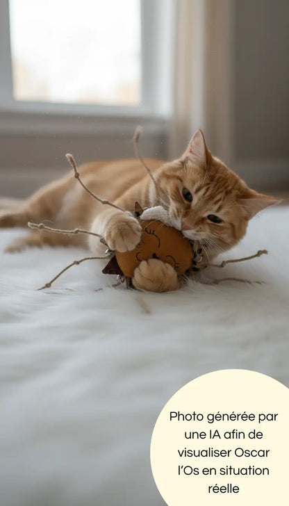 Photo générée par une intelligence artificielle d'un chat jouant seul avec notre jouet Orion le lion