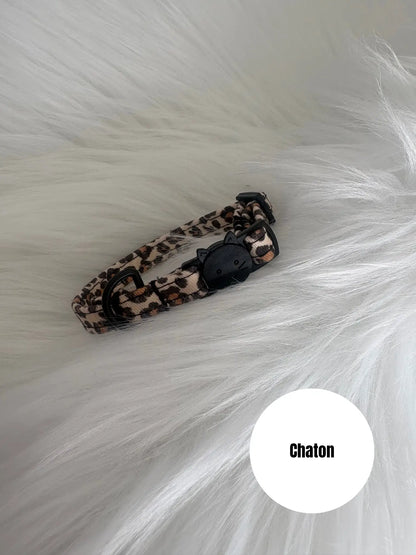 Collier ajustable sécurisé pour chaton fait main, motif léopard beige et boucle noire