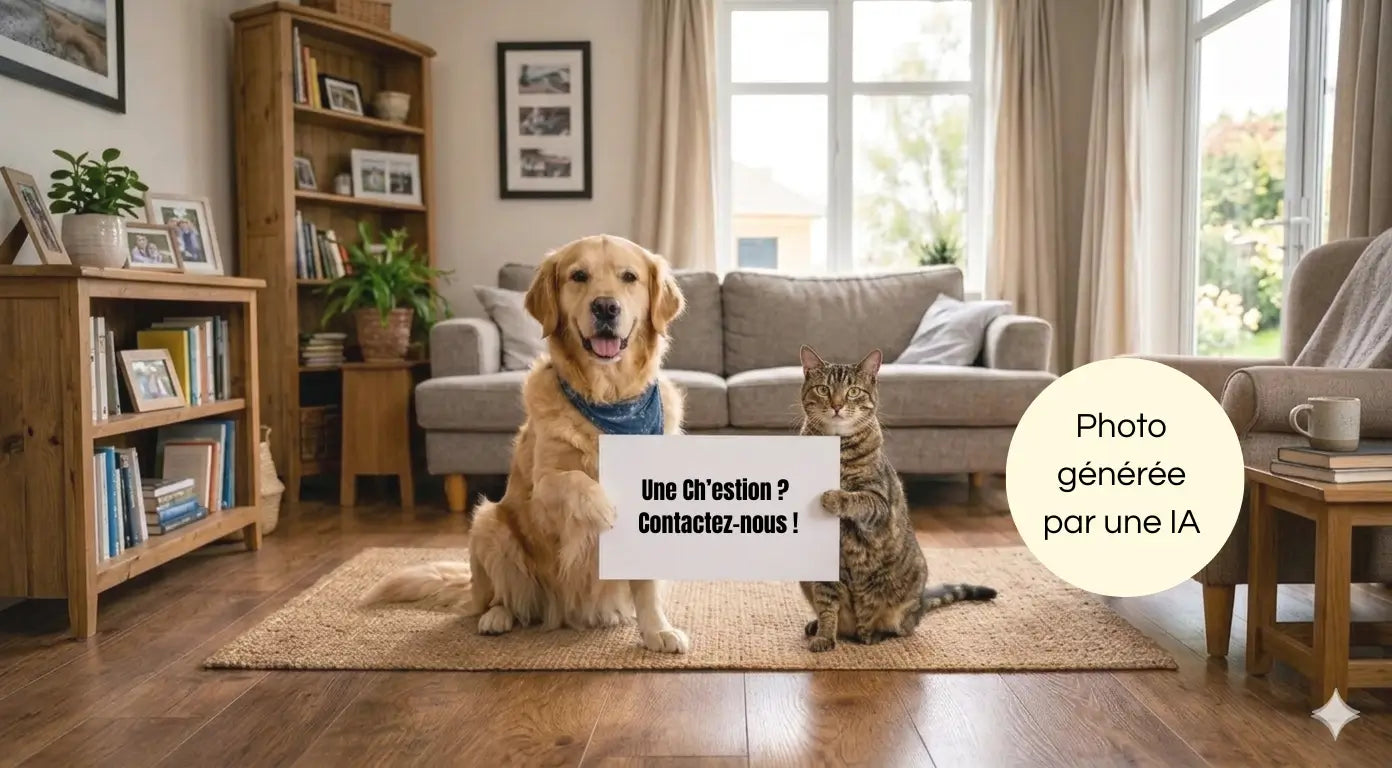Photo générée par une intelligence artificielle d'un chien et d'un chat annonçant la page de contact