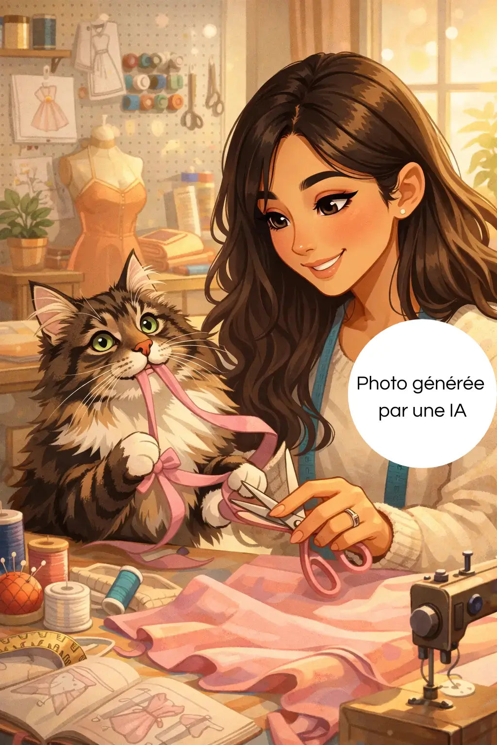 Photo générée par une intelligence artificielle de Nala et moi faisant de la couture