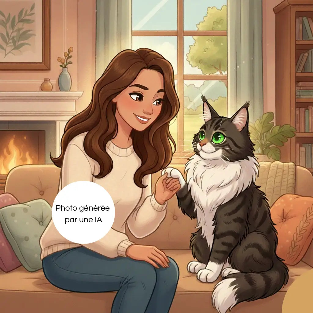 Photo générée par une intelligence artificielle de Nala et moi main dans la patte