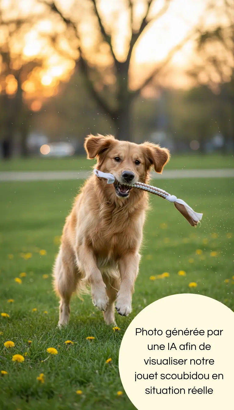Photo générée par une IA d'un chien jouant avec notre scoubidou pour voir le jouet en situation réelle
