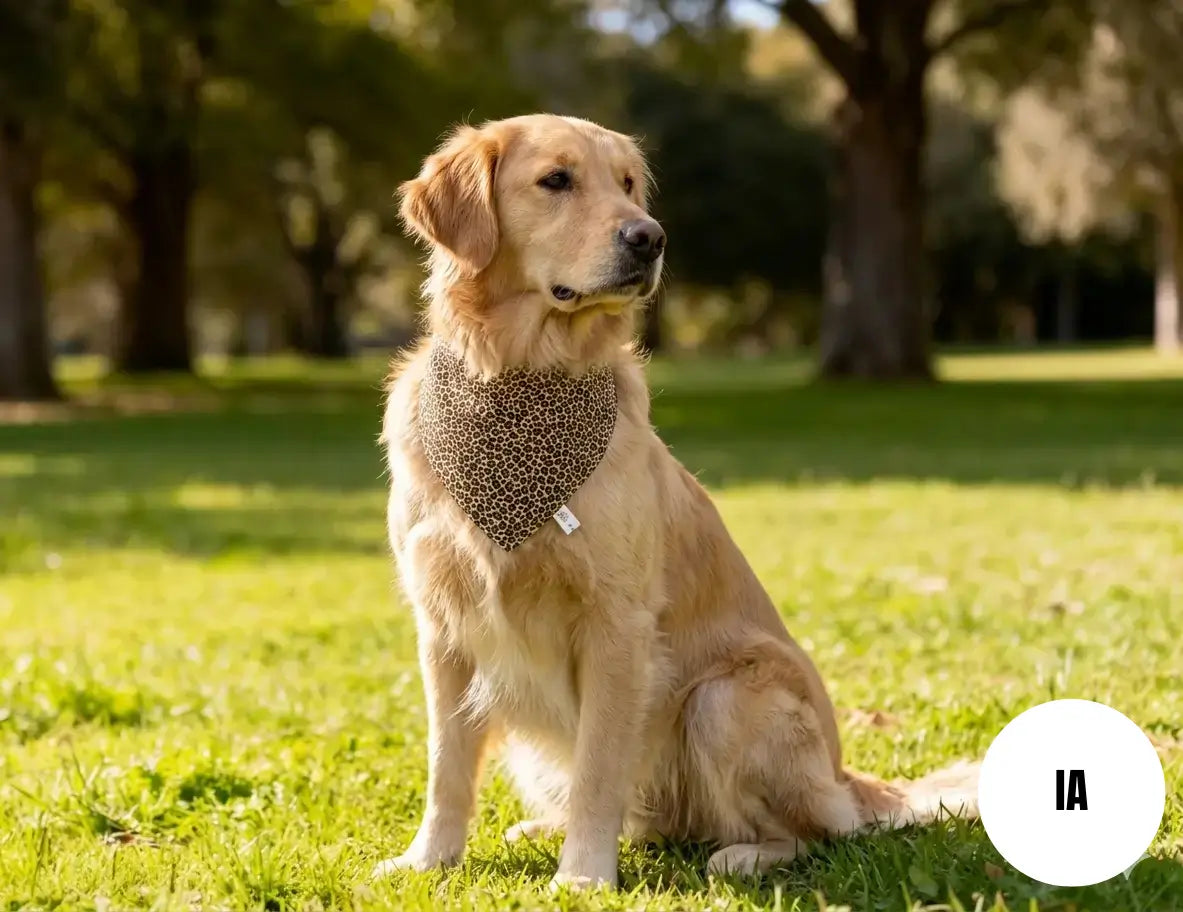 Photo générée par une IA d'un chien portant notre bandana à nouer fait main aux motifs léopard beige