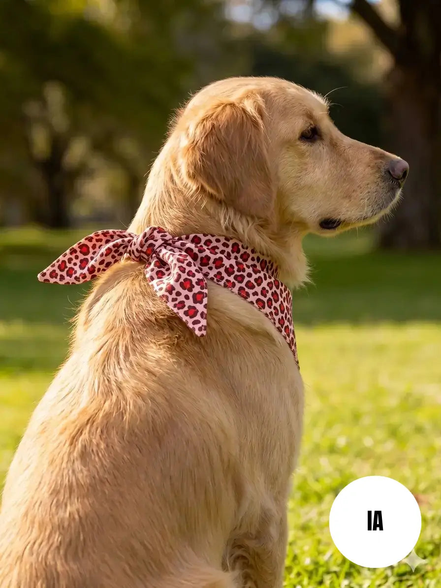 Photo générée par une IA d'un chien portant notre bandana à nouer fait main aux motifs léopard rouge vue de dos