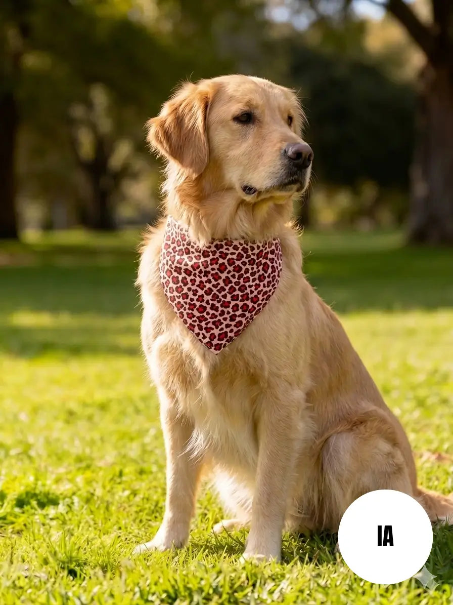 Photo générée par une IA d'un chien portant notre bandana à nouer fait main aux motifs léopard rouge