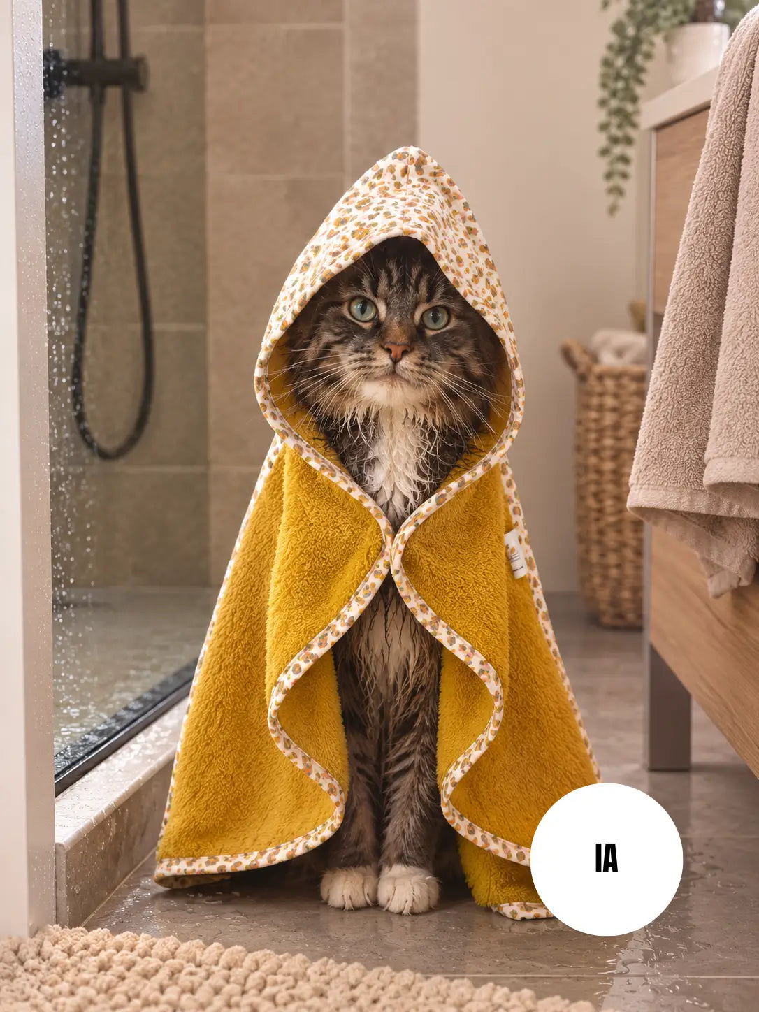 Photo générée par une IA d'un chat sortant de la douche avec l'une de nos capes de bain sur le dos