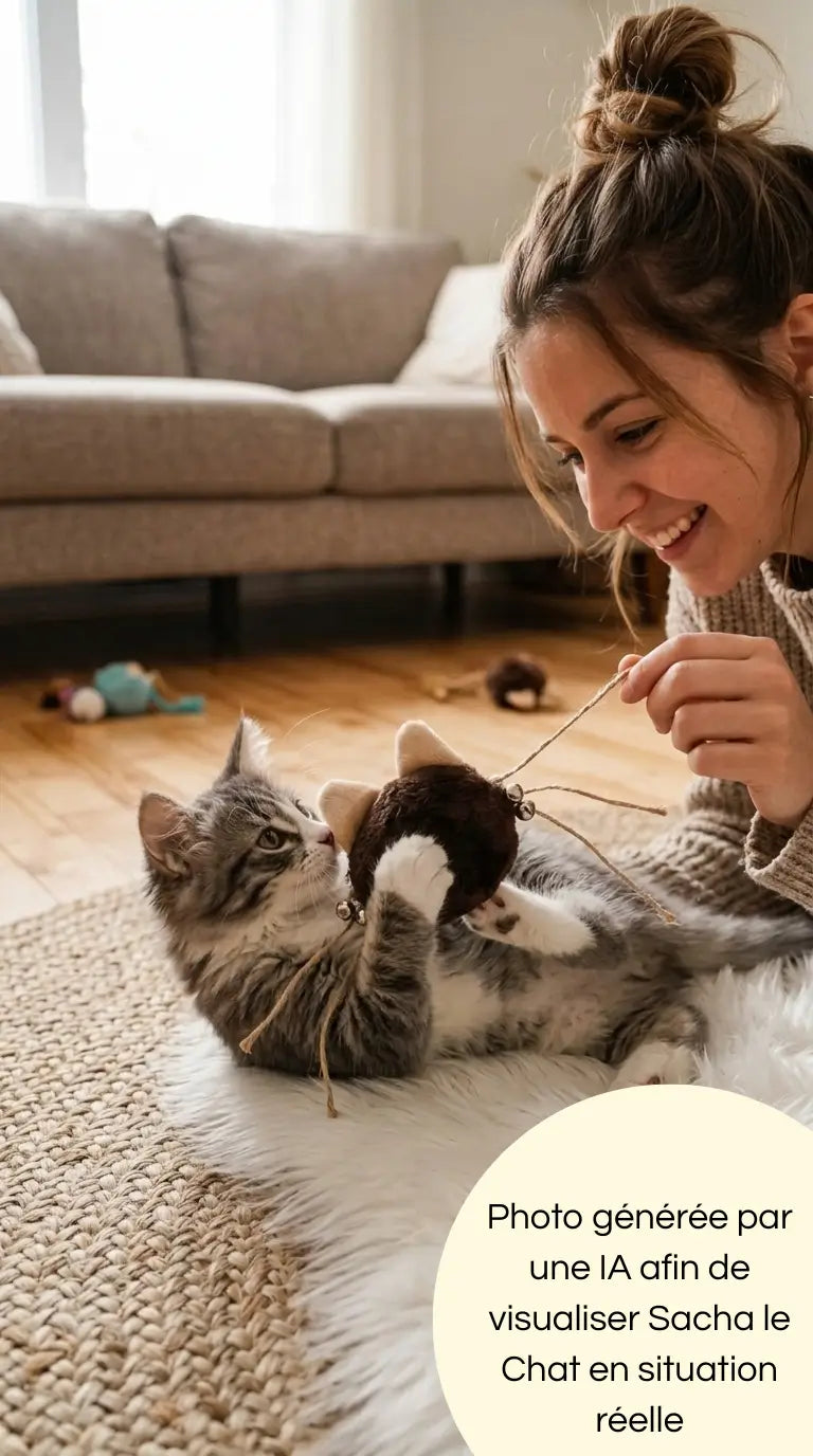 Photo générée par une intelligence artificielle d'un chaton jouant avec sa maîtresse avec Sacha le chat