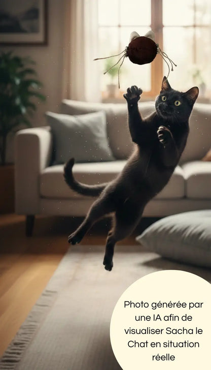 Photo générée par une intelligence artificielle d'un chat noir jouant seul avec Sacha le chat