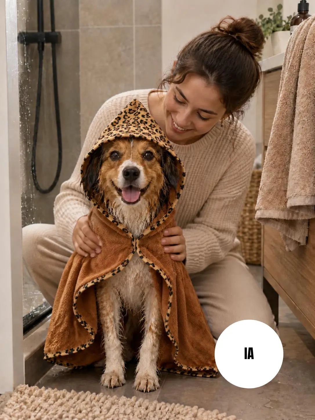 Photo générée par une IA d'un chien sortant de la douche avec l'une de nos capes de bain sur le dos