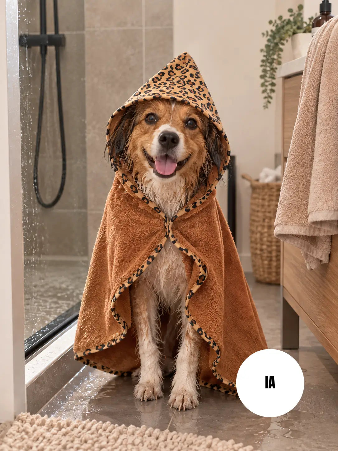 Photo générée par une IA d'un chien sortant de la douche avec l'une de nos capes de bain sur le dos
