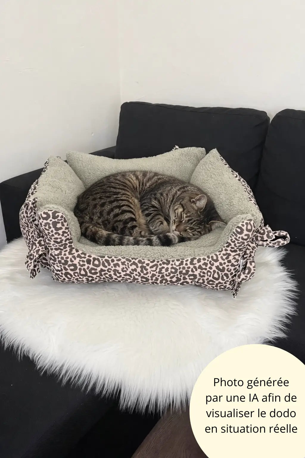 Photo générée par une intelligence artificielle avec un chat dormant dans le dodo aux motifs léopard