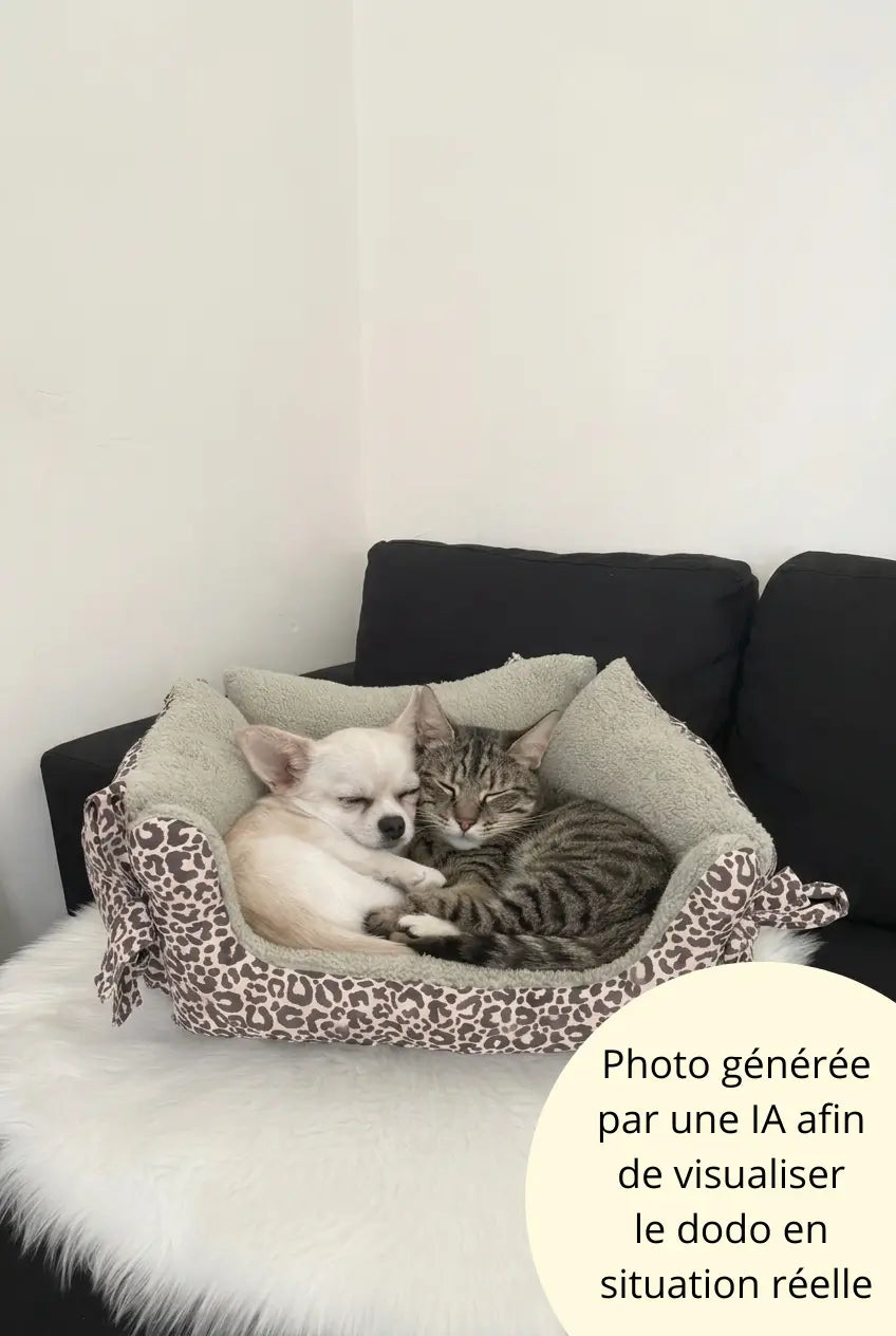 Photo générée par une intelligence artificielle avec un chat et un chat dormant dans le dodo aux motifs léopard