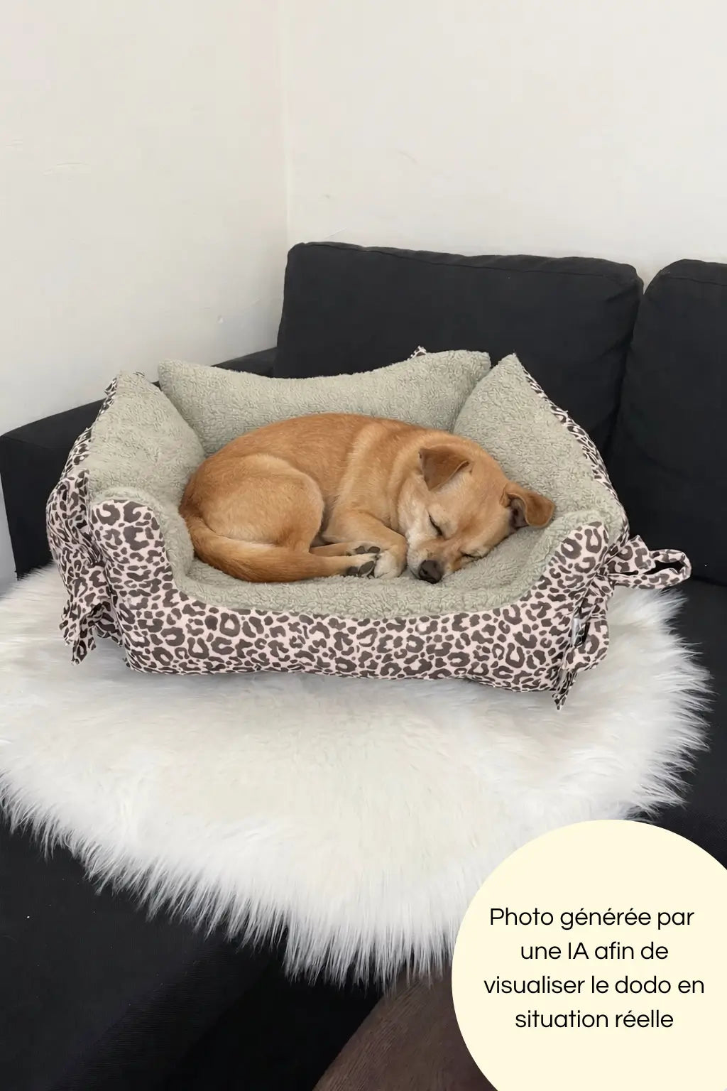 Photo générée par une intelligence artificielle avec un chien dormant dans le dodo aux motifs léopards