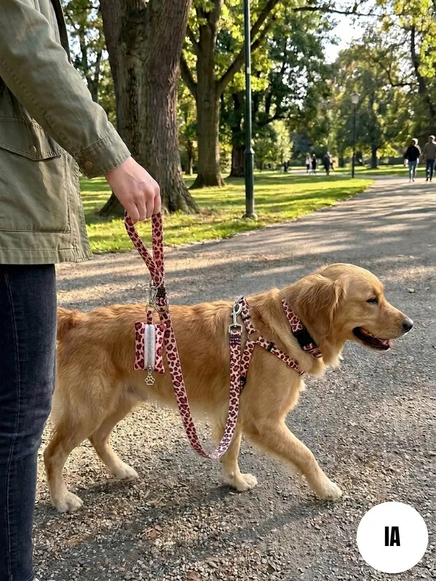 Photo générée par une IA d'un chien se promenant avec son maître avec notre laisse, notre collier et notre distributeur de sacs à crottes artisanaux aux motifs léopard rouge
