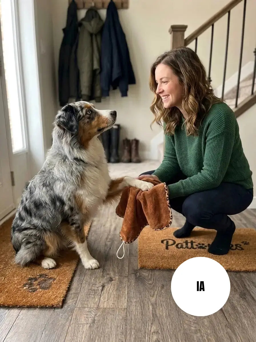 Photo générée par une IA d'un chien qui essuie ses pattes sur un essuie-pattounes