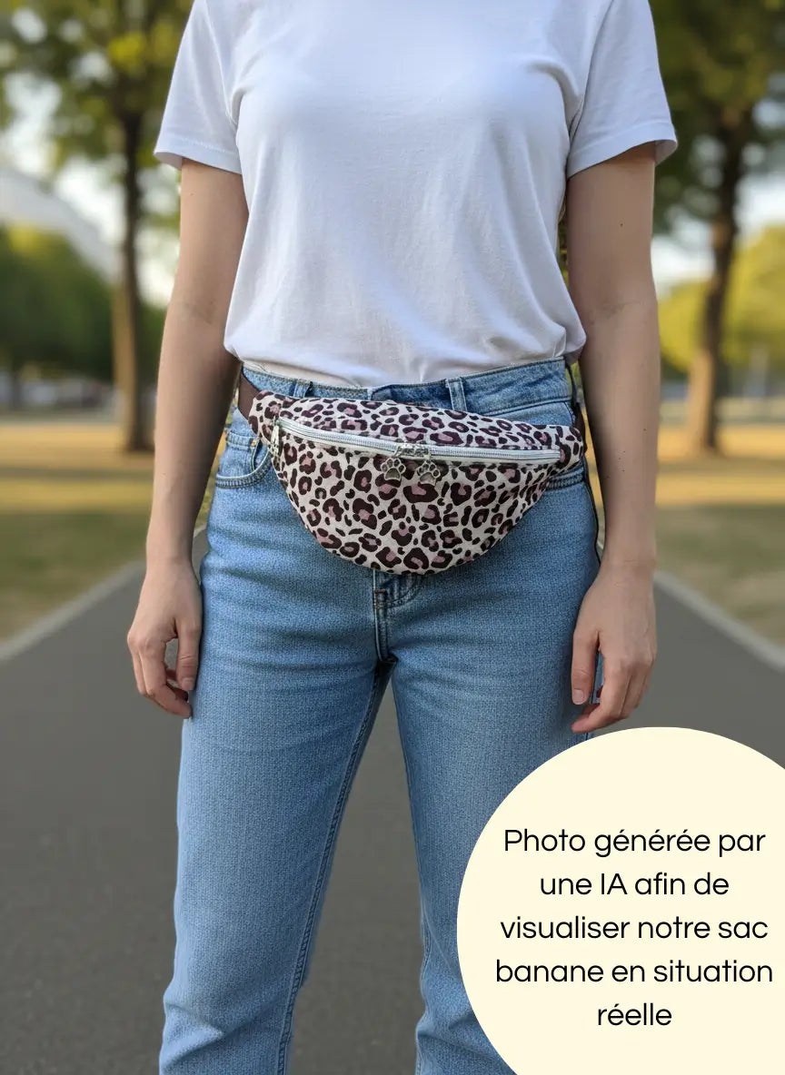 Photo générée par une intelligence artificielle de notre sac banane léopard rose et marron porté aux détails argentés