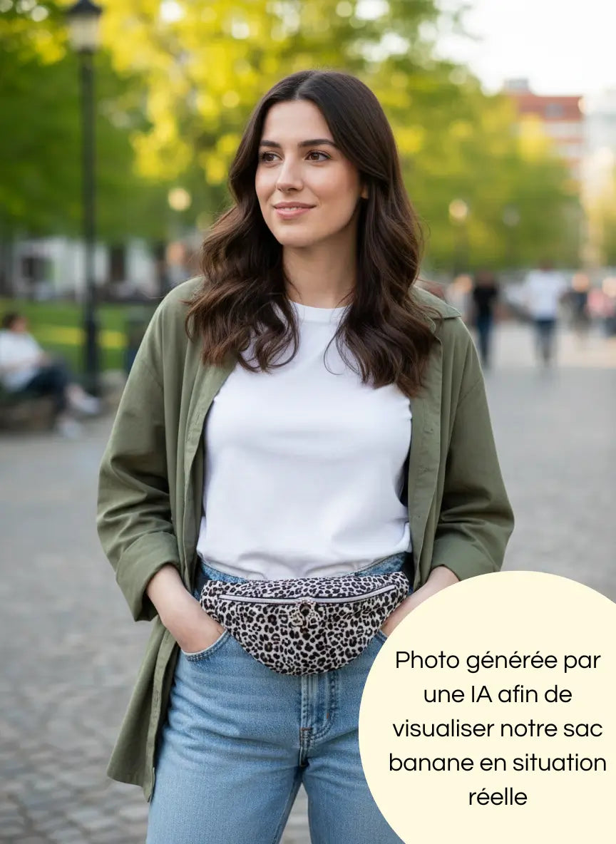 Photo générée par une intelligence artificielle de notre sac banane léopard porté aux détails argentés