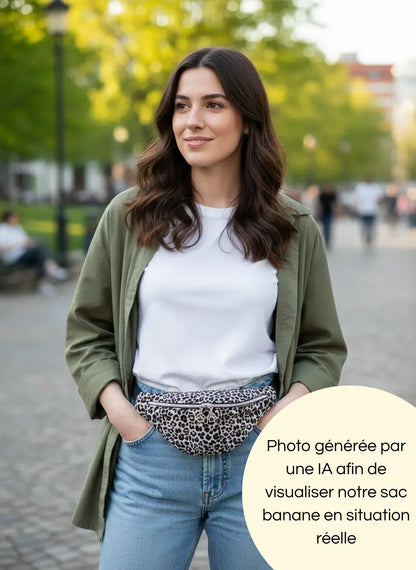 Photo générée par une intelligence artificielle de notre sac banane léopard porté aux détails argentés