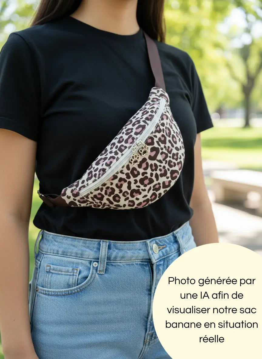 Photo générée par une intelligence artificielle de notre sac banane léopard rose et marron porté aux détails dorés