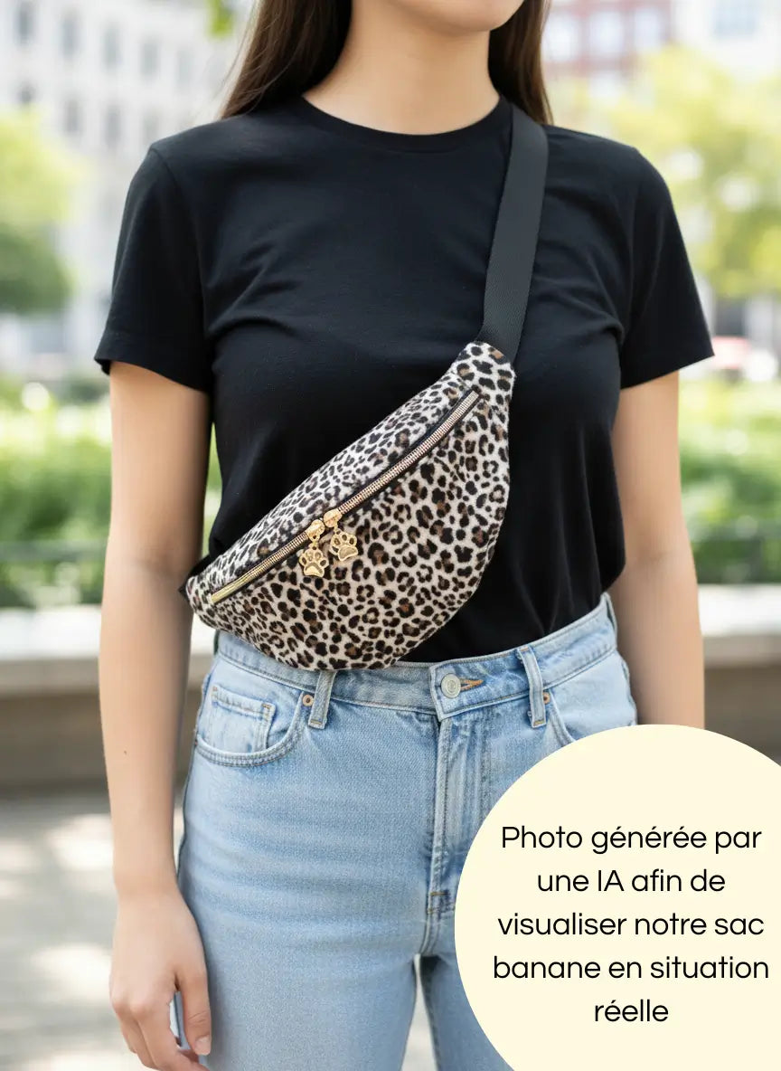 Photo générée par une intelligence artificielle de notre sac banane léopard porté aux détails dorés