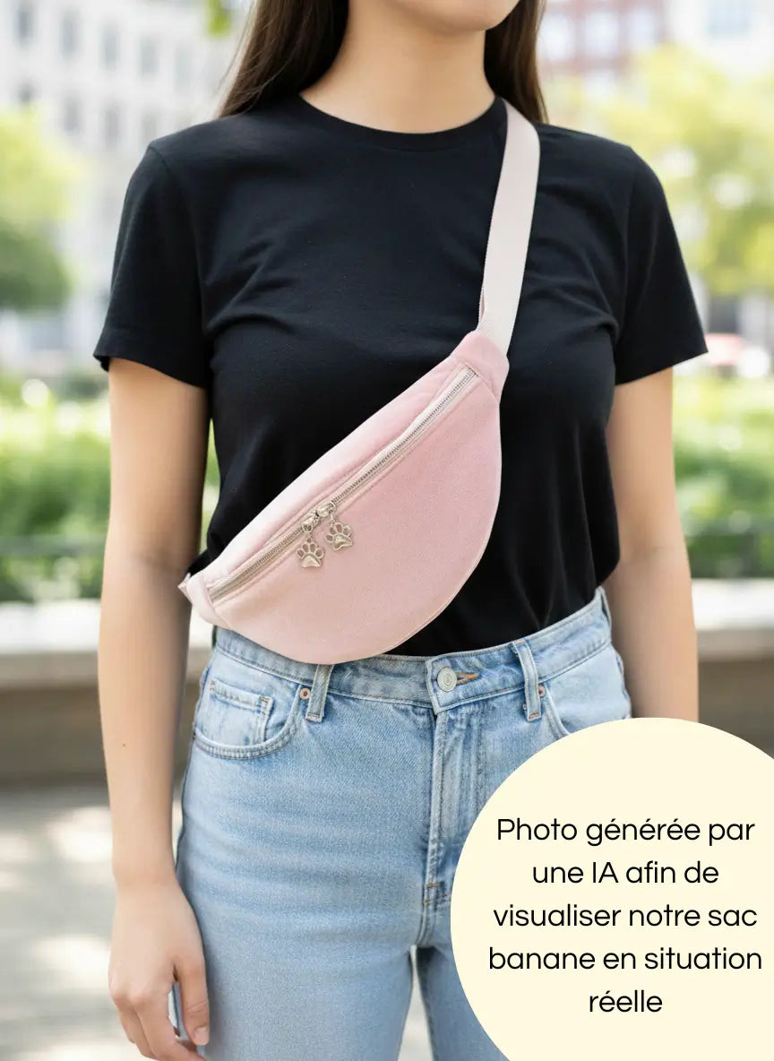 Photo générée par une intelligence artificielle de notre sac banane porté rose en polaire aux détails argentés