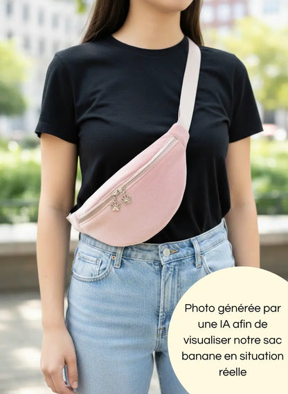 Photo générée par une intelligence artificielle de notre sac banane porté rose en polaire aux détails argentés