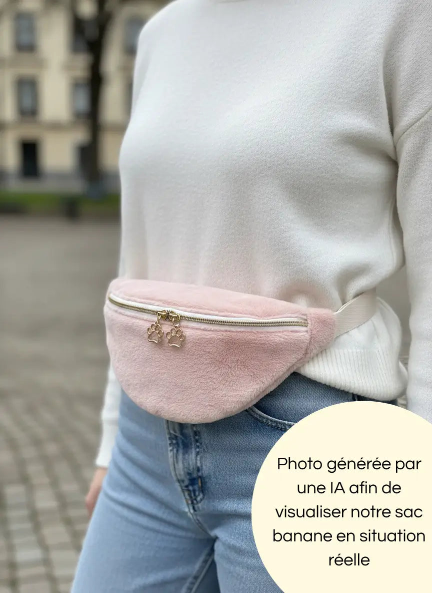 Photo générée par une intelligence artificielle de notre sac banane porté rose en polaire aux détails dorés