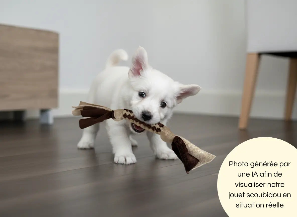 Photo générée par une IA d'un chien jouant avec notre scoubidou pour voir le jouet en situation réelle