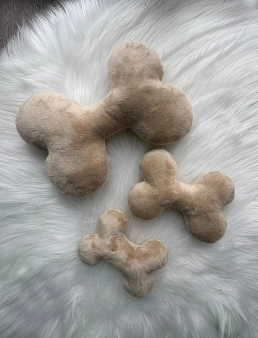 Jouets pour chien en forme d'os, 3 tailles différentes, avec ou sans pouet-pouet, couleur beige, en polaire certifiée OekoTex Standard 100