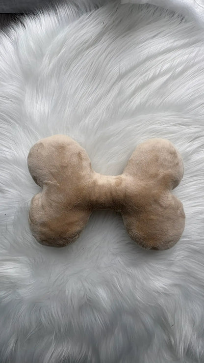 Jouet pour chien en forme d'os, avec ou sans pouet-pouet, couleur beige, en polaire certifiée OekoTex Standard 100, vue de face
