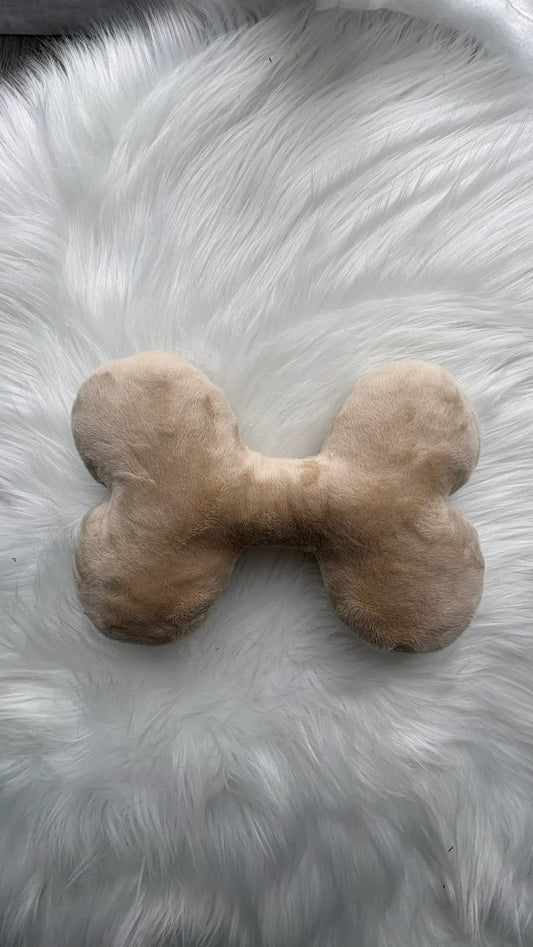 Jouet pour chien en forme d'os, avec ou sans pouet-pouet, couleur beige, en polaire certifiée OekoTex Standard 100, vue de face