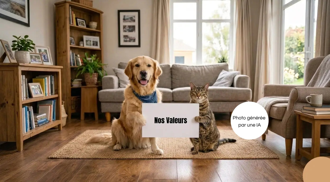 Photo générée par une intelligence artificielle d'un chien et d'un chat montrant notre page nos valeurs