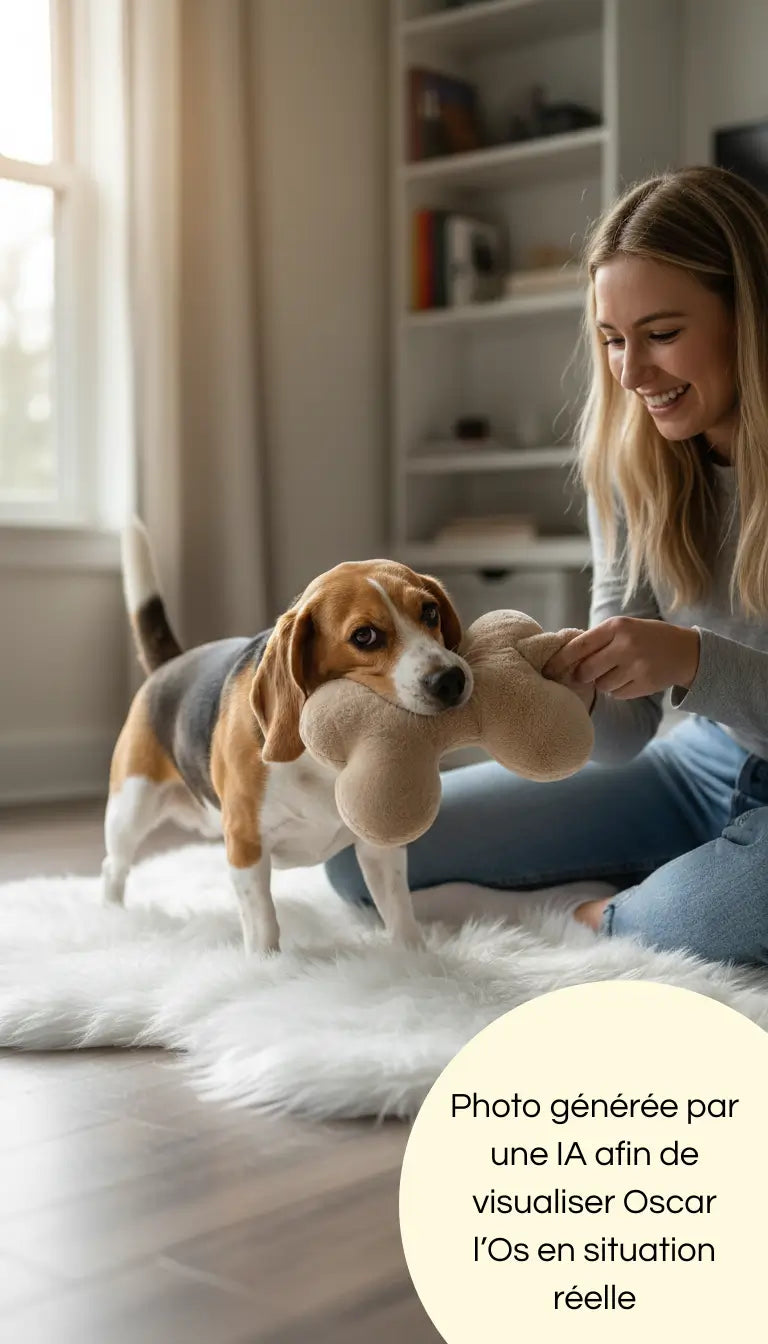 Photo générée par une intelligence artificielle montrant un Beagle jouant avec sa maîtresse avec Oscar l'Os