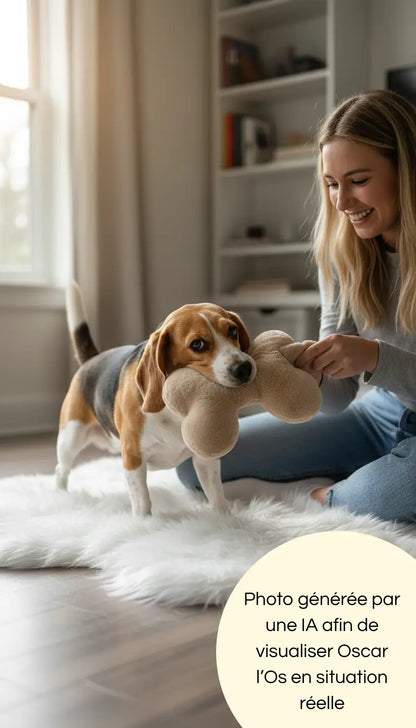 Photo générée par une intelligence artificielle montrant un Beagle jouant avec sa maîtresse avec Oscar l'Os