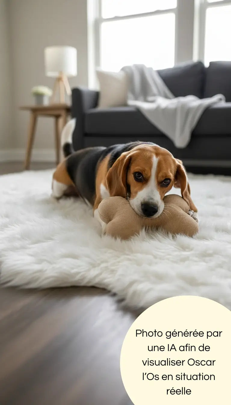 Photo générée par une intelligence artificielle montrant un Beagle jouant seul avec Oscar l'Os